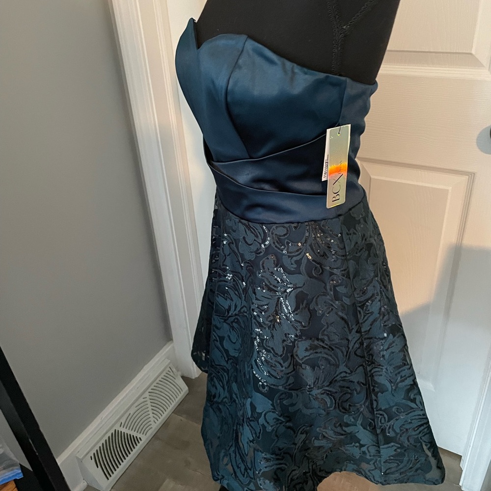 BCX Strapless Navy Blue Floral Jacquard Cocktail Dress
